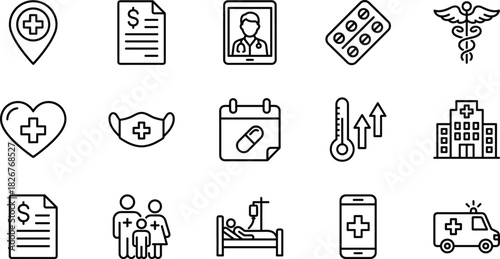 Medical healthcare icon set, hospital symbols, telemedicine, treatment tools, family care, medication reminders, emergency services, clinical support graphics, outline design