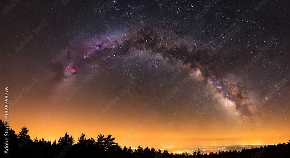 Fototapeta premium Vast galaxy arches over illuminated horizon and silhouetted trees.
