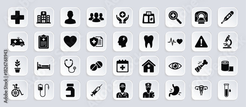 Healthcare and medical glyph icon set. Vector pictograms of treatment, diagnosis, emergency, clinic, doctor, medication, patient care, and hospital illustration.