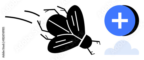 Health concept. Health illustrated with a bold flying insect, medical cross symbol, and cloud element. Health visuals combine nature, well-being, and technology. For medical, ecology apps