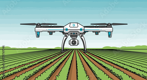 Drone flying over a field with rows of crops and green landscape