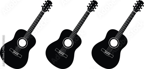 Acoustic guitar icon set, music silhouette, string instrument graphic, black vector, isolated style, sound symbol, guitar shape, performance design, artistic element, musical icon