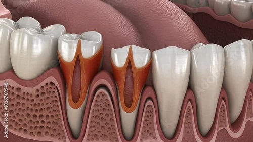 Stylized CGI Rendering of Human Gums and Teeth Illustrating Early Stages of Periodontal Disease Showing Inflammation and Bone Recession with Visible Tooth