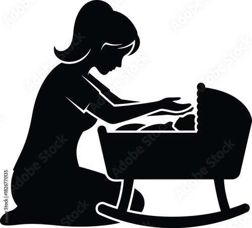 Silhouette mother caring for newborn baby in cradle gentle nurturing new parent love family bond vector