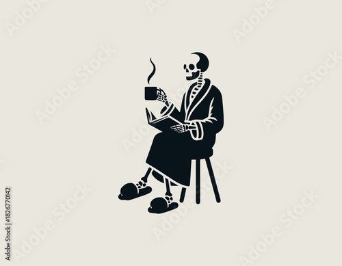 Black silhouette illustration of the Grim Reaper wearing a bathrobe and slippers, holding a book/tablet and a steaming coffee mug.