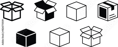 Box icon set, packaging symbol, shipping graphic, open closed box, black silhouette, vector design, logistics element, isolated style, storage icon, carton shape