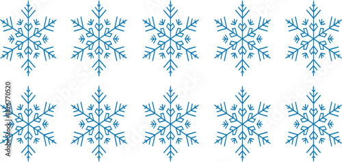 Blue snowflake icon set, winter symbols, symmetrical vector graphics, seasonal design elements, cold weather motifs, holiday decoration pack