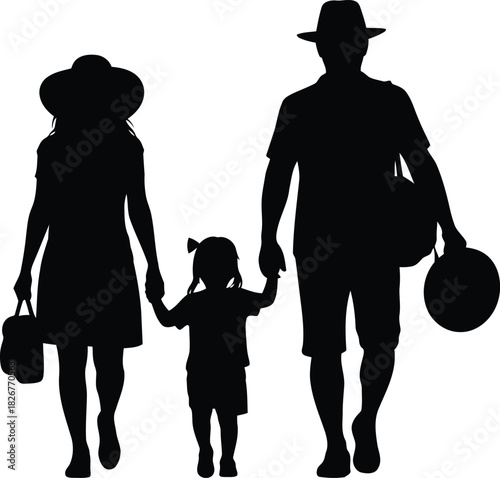 Silhouette of a family with a child walking together holding hands carrying bags on vacation vector