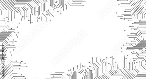 Circuit border illustration—black-and-white tech frame with electronic traces for digital design, computing, and futuristic visuals