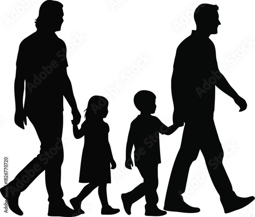 Happy family walking together parents holding children's hands outdoor silhouette lifestyle joy vector