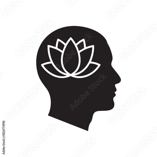 Black silhouette of a human head profile with a white lotus flower inside male