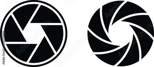 Camera shutter icon set, photography symbol, aperture graphic, lens design, black silhouette, vector style, spiral motion, isolated element, photo tool, abstract shutter