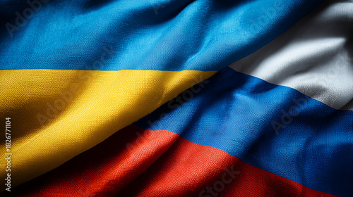 ukrainian flag and russian flag waving in the wind. ukraine and russia relations