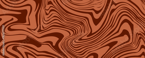 Retro coffee color background. Milk chocolate liquid desert texture. Wavy swirl candy pattern for poster, cover, banner, pamphlet. Brown trippy hippie wallpaper in 60s or 70s style. Vector