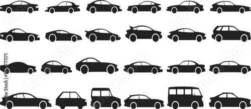 Car silhouette icon set, vehicle profile, sedan shape, SUV outline, compact car graphic, black design, vector style, transportation symbol, isolated element, automotive icon