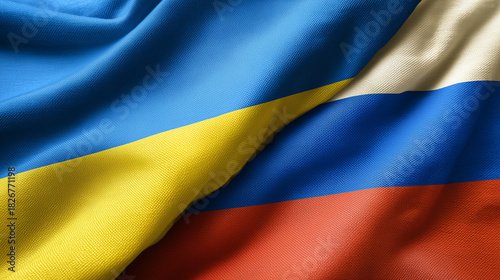 ukrainian flag and russian flag waving in the wind. ukraine and russia relations