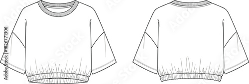 Technical Flat Sketch of Women's Boxy Cropped T-Shirt, Drop Shoulders, Ribbed Crew Neck, and Elastic Gathered Hem Apparel Vector Illustration.