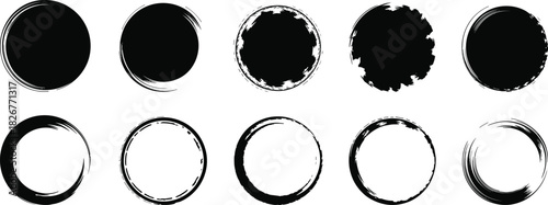 Circular brushstroke icons, ink ring set, grunge vector circles, artistic stroke elements, paint texture graphics, design assets
