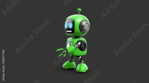 Vibrant Green Cartoon Robot With Big Round Eyes And Small Arms Performs Various Actions On A Plain Grey Background