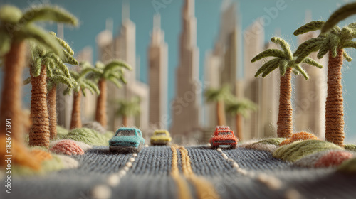 toy car navigating a winding road lined with palm trees, warm brown and gray tones, soft depth of field,