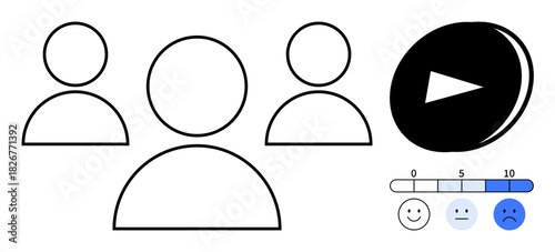 Three user icons, circular play button, and a feedback scale with emotions. Ideal for teamwork, media strategy, user feedback, communication, collaboration evaluation learning. Simple flat metaphor