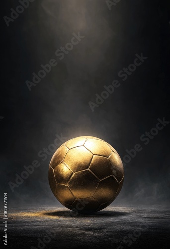 A golden soccer ball sits on a dark, textured surface, illuminated by a spotlight from above, surrounded by subtle smoke or haze, creating a dramatic, almost ethereal atmosphere