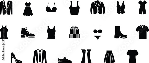 Clothing and footwear icon set, fashion silhouette, apparel graphic, shoe symbol, black vector, isolated style, wardrobe elements, outfit design, garment icons, style collection