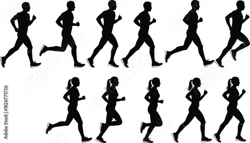 Vector Silhouettes of Running Men and Women, Jogging Figures Collection, Fitness, Marathon, and Training Activity, cad drawing flat vector illustration
