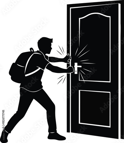 Burglar silhouette breaking into a locked door with a backpack on ready to steal vector