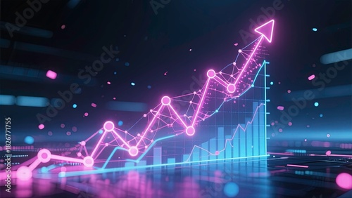 Digital visualization of a glowing neon data graph rising upward pink and blue color financial growth and success graphs floating in dark space.