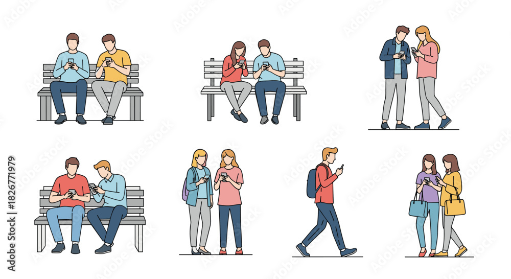 Naklejka premium Young adults engrossed in their smartphones while sitting, standing, and walking in various social settings.