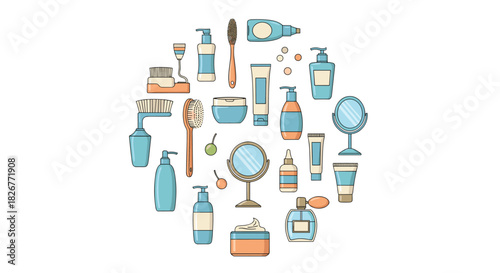 A circular collection of various personal care and beauty products, including brushes, creams, and bottles, illustrated on a white background.