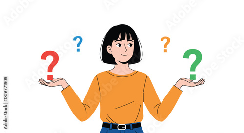 A thoughtful woman surrounded by question marks, symbolizing the challenge of making important decisions and weighing options.