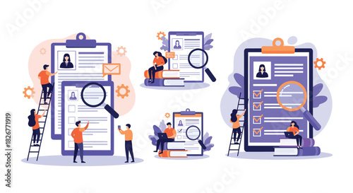 Professionals meticulously review job applications and resumes, employing magnifying glasses, digital tools, and checklists for efficient recruitment and candidate selection.