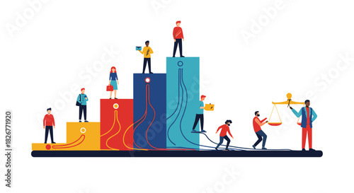 People climbing a bar chart representing business growth, data flow, and the pursuit of justice and equality in a complex system.