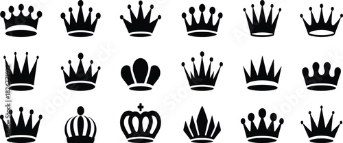 Crown icon set, black silhouette crowns, royalty symbols, vector design, regal elements, graphic pack, king queen emblems, UI assets