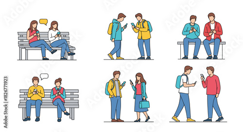 People of various ages, including young adults, are absorbed in their smartphones while sitting, walking, and interacting, reflecting modern digital communication.