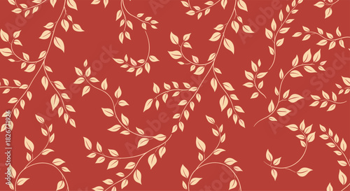 Elegant seamless botanical pattern featuring delicate beige leaves and curved branches on a warm reddish-brown background, ideal for decorative designs.