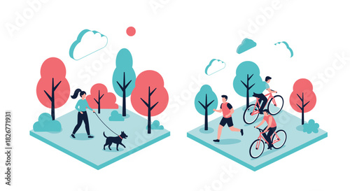 Isometric illustration showing various outdoor leisure activities in a park, including dog walking, running, and biking.