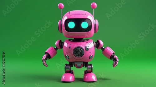 Vibrant Pink Robot with Glowing Heart-Shaped Eyes in Playful Jumping Pose Against a Bright Green Seamless Background