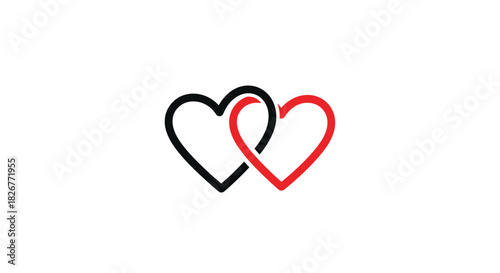 A simple graphic illustration depicting two outlined hearts, one black and one red, intricately interlocked to symbolize love and deep connections.