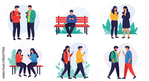 Diverse cartoon illustrations of men and women engaging with their smartphones in various urban and outdoor settings, highlighting digital connectivity.