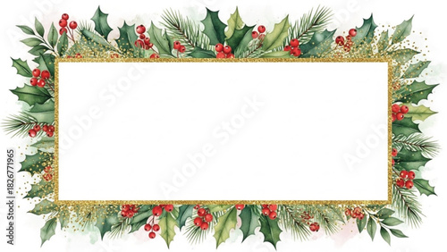 Watercolor Christmas Rectangle Frame with Holly Leaves, Red Berries and Gold Glitter Border