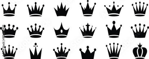 Crown silhouette set, black royalty icons, regal emblem collection, vector design, king queen symbols, graphic elements, noble shapes