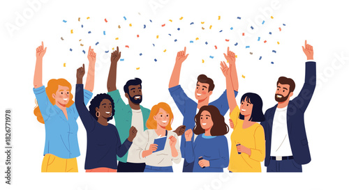 Joyful diverse team celebrates achievement with arms raised and colorful confetti falling around them.