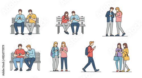 Young adults engrossed in their smartphones while sitting, standing, and walking in various social settings.