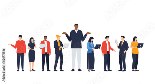 Diverse group of professionals using technology and collaborating, with a central figure gesturing an open question or choice.