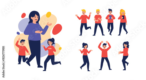 Diverse cartoon people, adults and children, in various poses showing teaching, learning, active movement, and celebration.