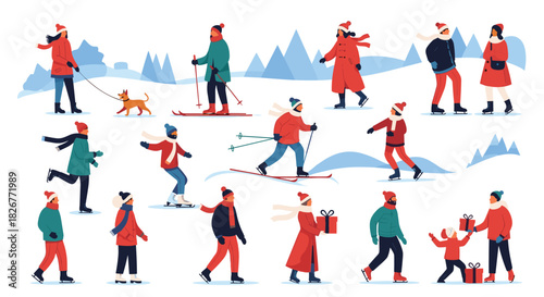 Various people enjoying winter activities like skiing, ice skating, dog walking, and gift exchange in a snowy landscape with blue mountains.