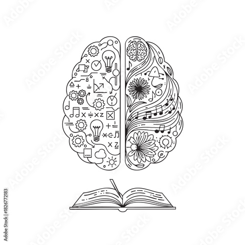 Line art brain split into logical and creative hemispheres above open book mind creativity